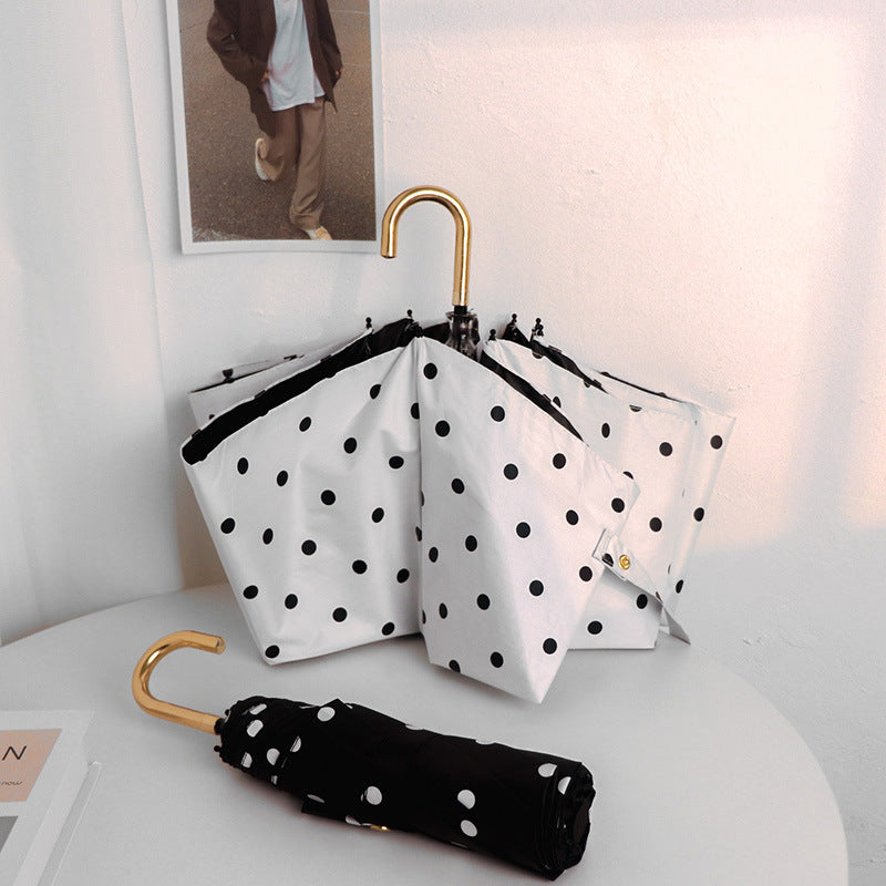 Round polka dot curved hook handle burgundy weather and rain parasol sun protection UV protection new folding sun umbrella vinyl