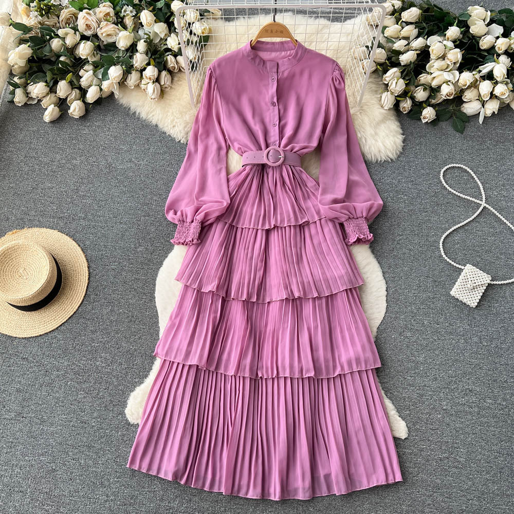 2025 spring and summer new big pendulum long-sleeved chiffon dress women's waist temperament Platycodon coffee break cake long skirt tide
