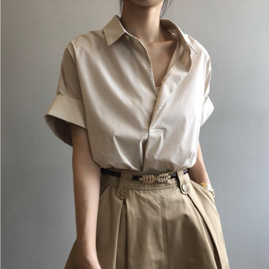 Bat short-sleeved shirt women's design sense niche Hong Kong style retro loose shirt summer thin chic Korean top