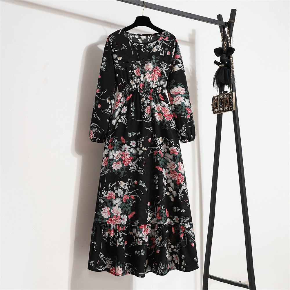 2025 spring new European and American floral long dress round neck long sleeve waist thin A-shaped dress