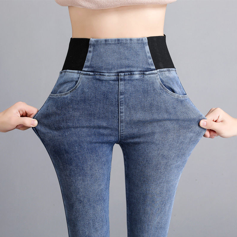 Fleece elastic waist jeans women's autumn and winter high waist and thin large size outer wear belly small feet pencil pants