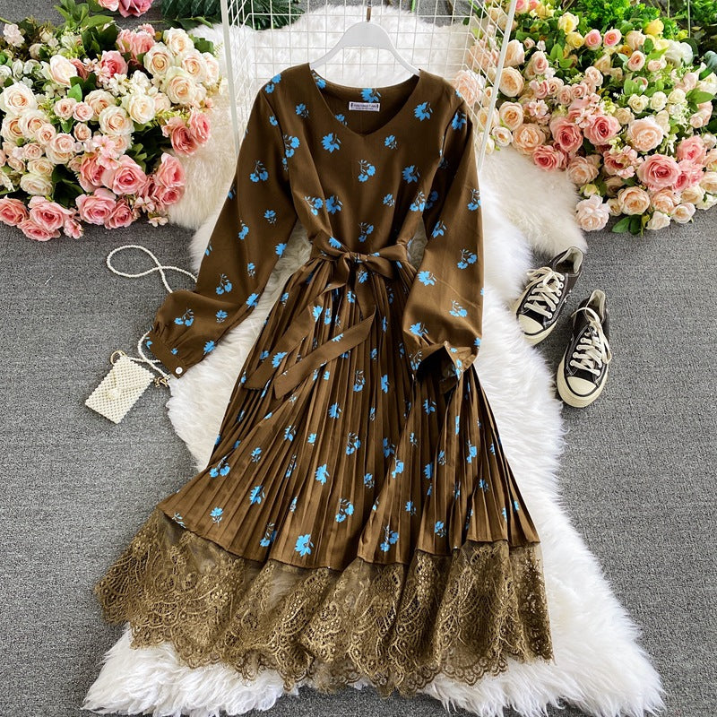 Retro floral V-neck waist thin lace splicing pleated dress color fashion temperament big pendulum long skirt