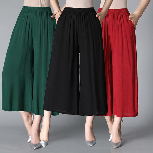 Casual thin cropped pants women's cotton and linen wide-leg pants mother loose large size middle-aged and elderly women's summer linen nine-point pants