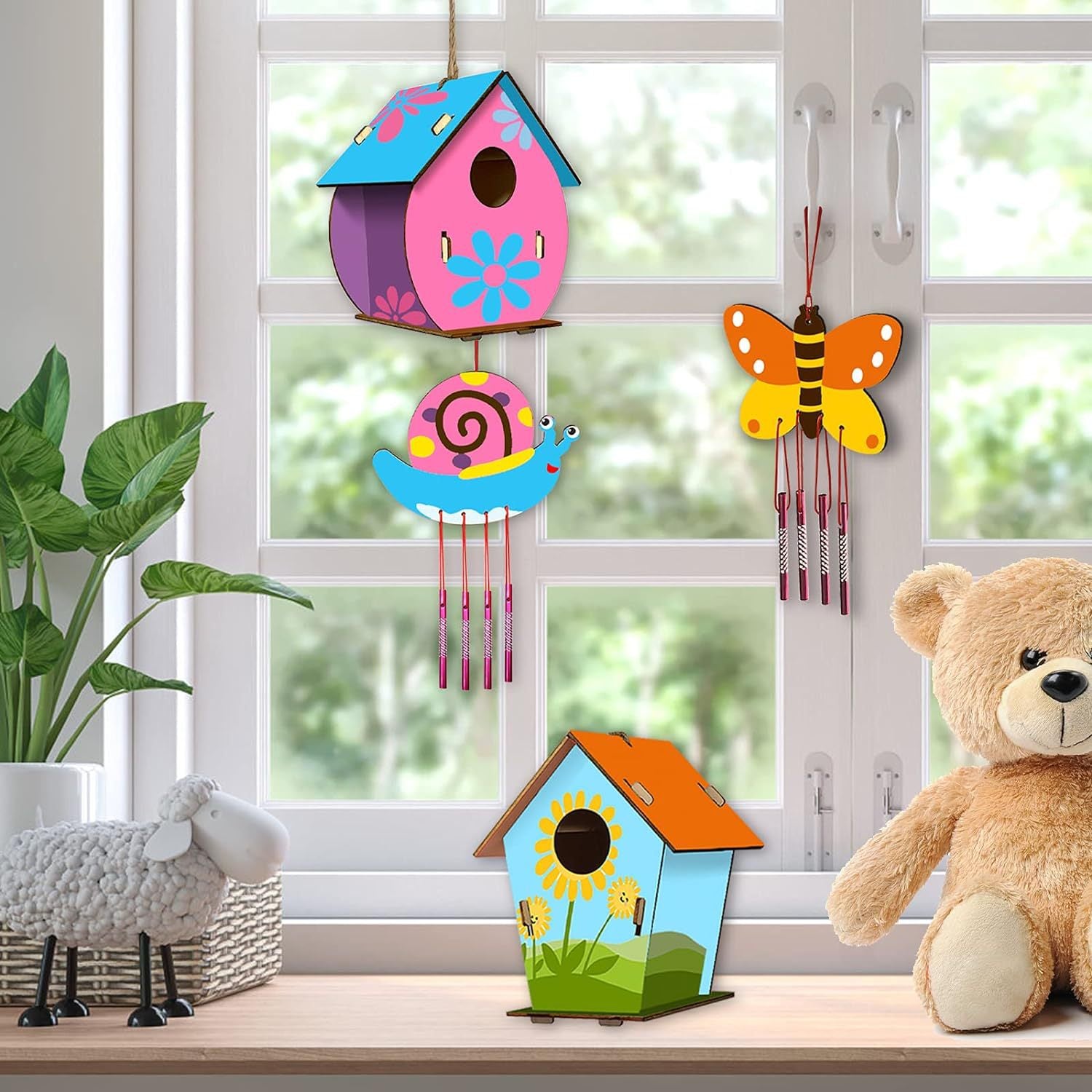 2-Piece DIY Birdhouse Wind Chimes Children's Crafts Handmade Kit Painting Kit Including Paint and Brushes
