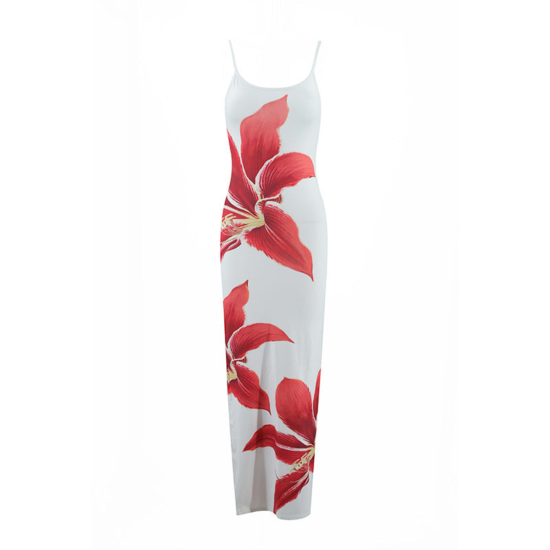 Ladies new sexy suspender flower print slim fit long dress