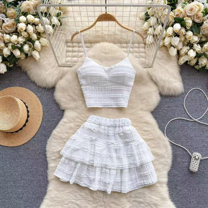 Spice girl two-piece suit skirt women's summer 2025 new short suspender lace top high waist cake skirt