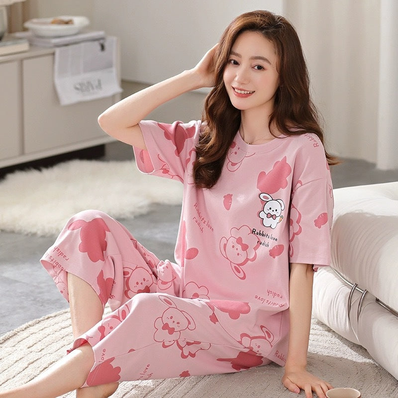 2025 new spring and autumn women's loungewear women's suit casual home summer short-sleeved cropped pants pajamas