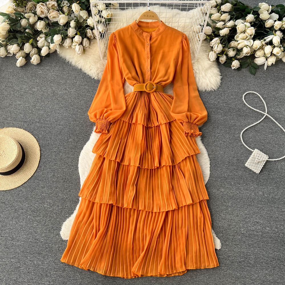2025 spring and summer new big pendulum long-sleeved chiffon dress women's waist temperament Platycodon coffee break cake long skirt tide