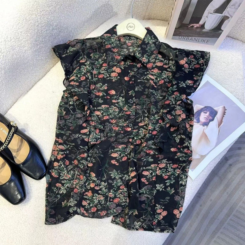 Vintage high-end foreign floral chiffon shirt small fashionable fresh Polo collar ruffled edge flying sleeve top
