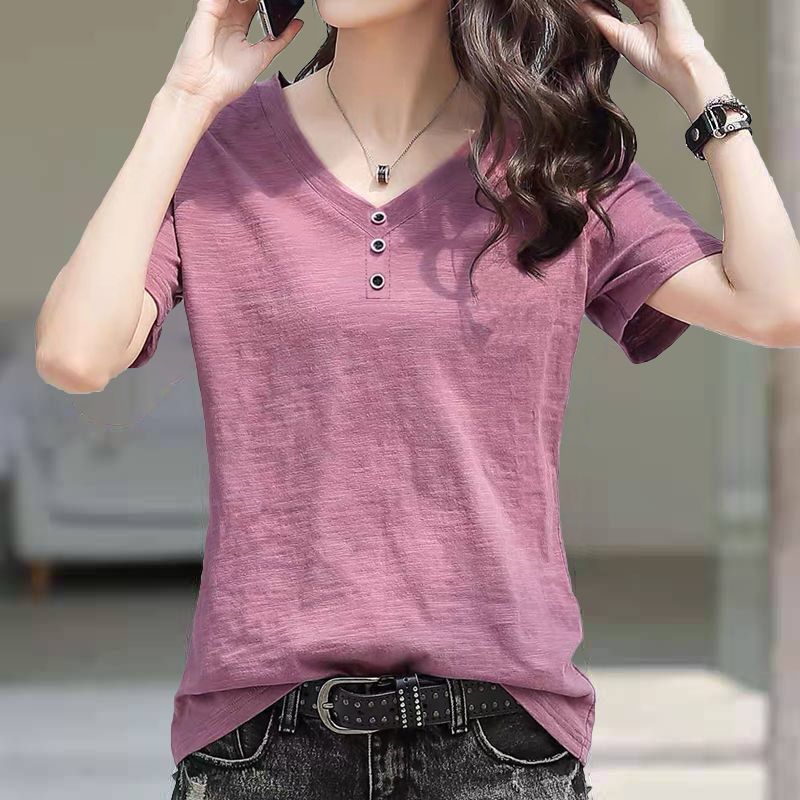 Single/two pieces bamboo cotton V-neck short-sleeved T-shirt women's 2025 summer clothing Korean version of the new loose large size thin top tide