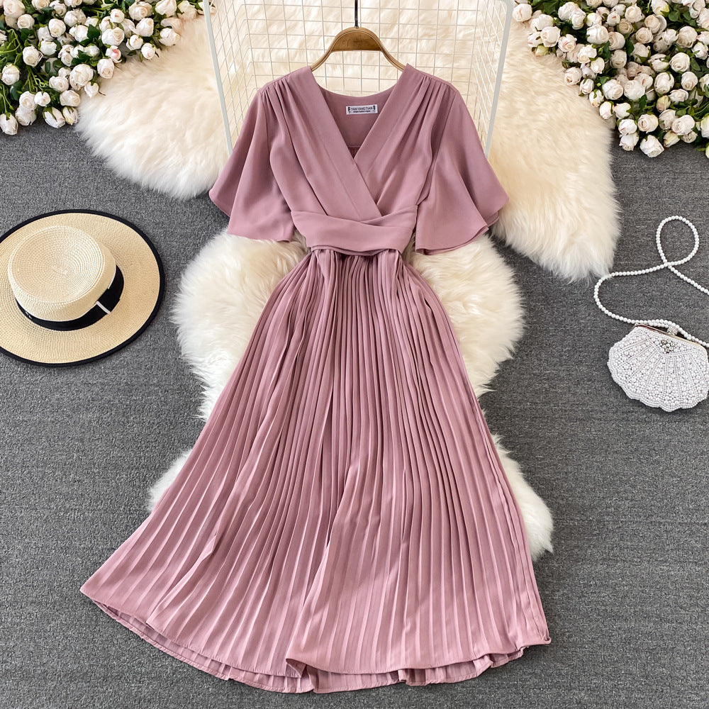 2025 summer new V-neck short-sleeved dress over the knee slim temperament waist lace-up big pendulum pleated long dress