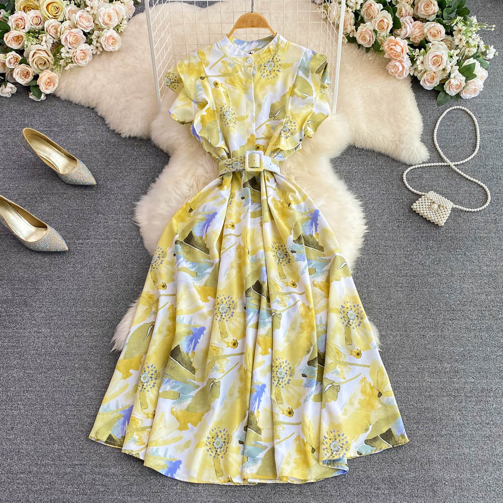 Gentle wind stand-up collar waist and thin printed A-word big pendulum dress 2025 summer high waist elegant temperament long dress