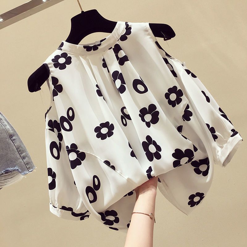 Large size women's clothing summer fat sister loose versatile off-the-shoulder short-sleeved chiffon shirt foreign style thin belly top