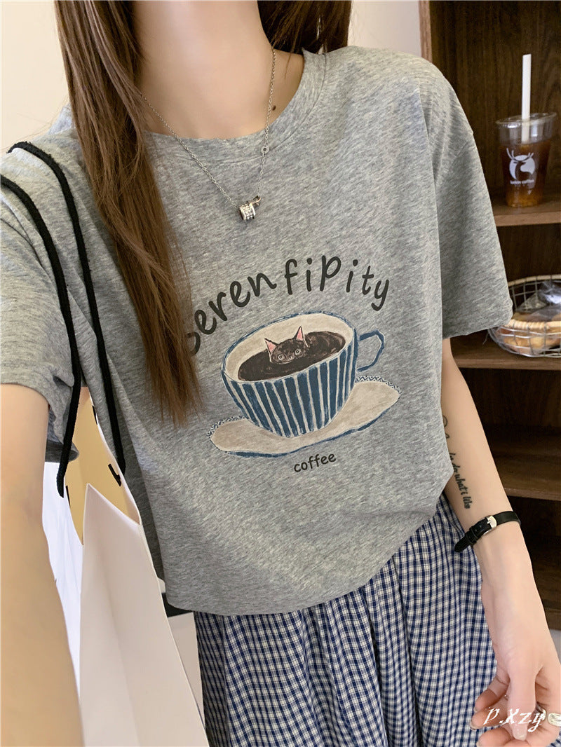 BK summer new Korean version casual women's short-sleeved crew neck T-shirt simple and cute cartoon thin cotton shirt women's versatile
