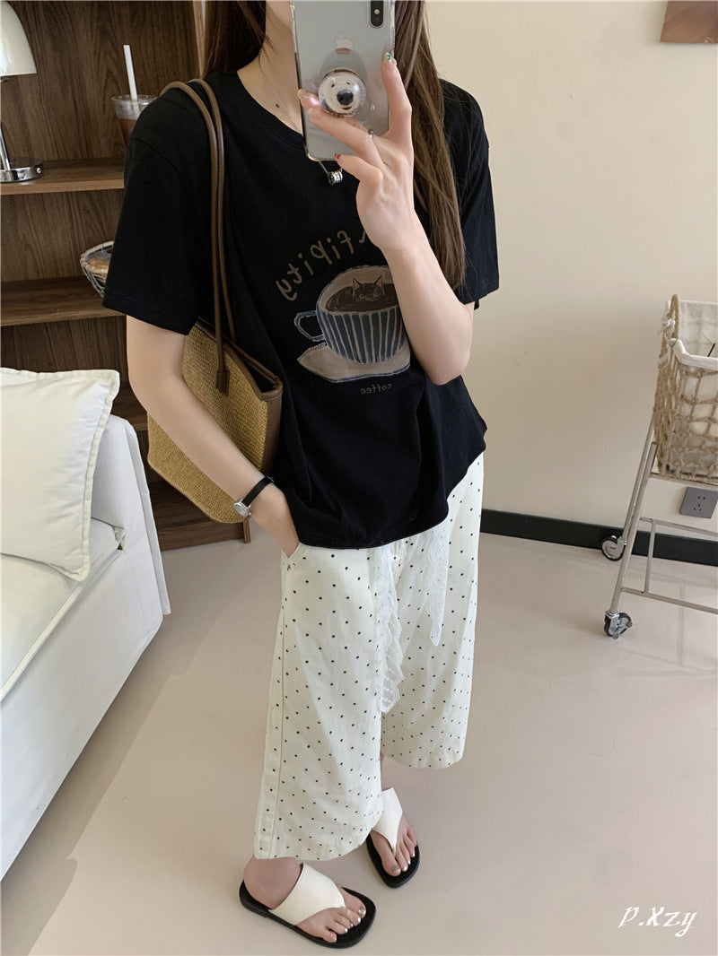 BK summer new Korean version casual women's short-sleeved crew neck T-shirt simple and cute cartoon thin cotton shirt women's versatile