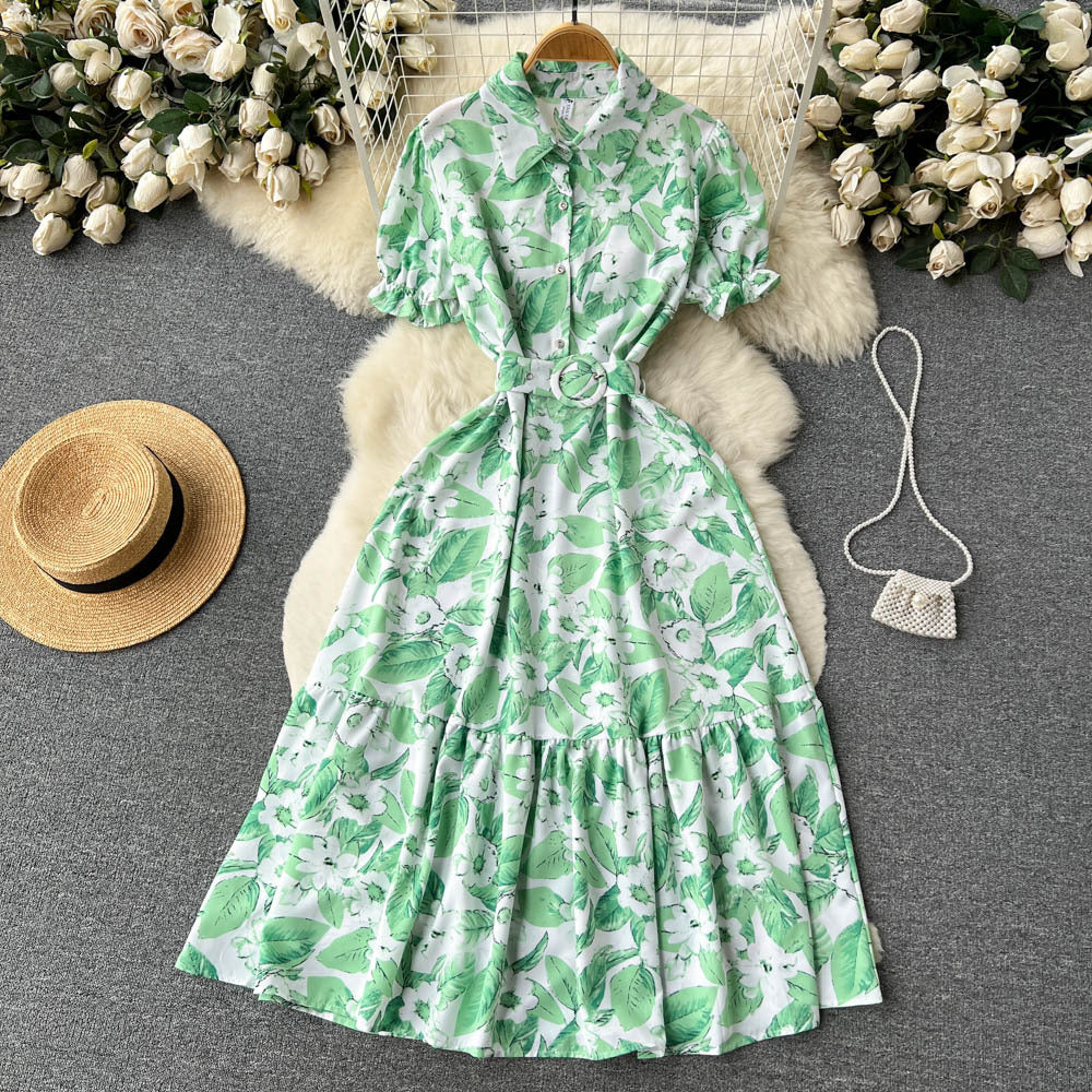 French high-end floral dress women's summer retro style lapel bubble sleeve temperament super fairy coffee break lisianthus skirt