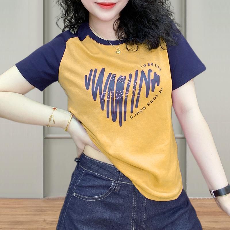 2025 new summer cotton round neck short-sleeved shoulder sleeve T-shirt women's print contrasting colors versatile and thin loose top