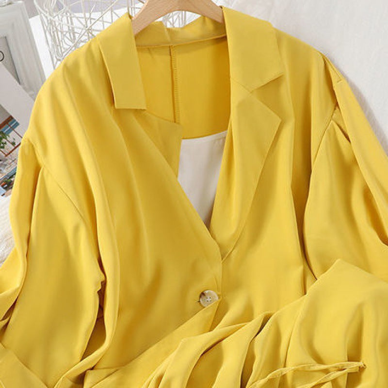 Suit Women's Fashion Summer Loose Suit Collar Seven-point Sleeve Jacket Nine-point Wide Leg Pants Suspender Three-piece Set