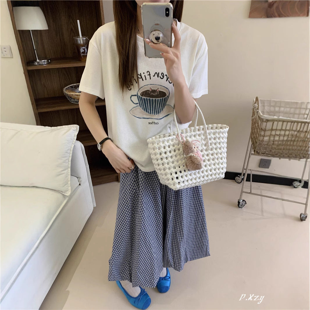 BK summer new Korean version casual women's short-sleeved crew neck T-shirt simple and cute cartoon thin cotton shirt women's versatile