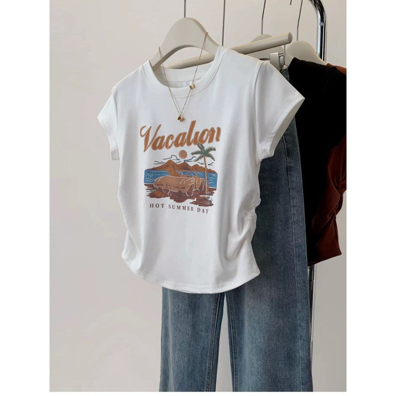 American retro printed front shoulder short-sleeved T-shirt for women's summer spice slim and thin pleated short top i