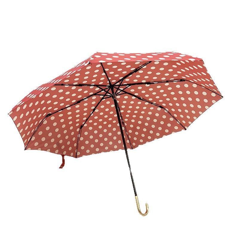 Round polka dot curved hook handle burgundy weather and rain parasol sun protection UV protection new folding sun umbrella vinyl
