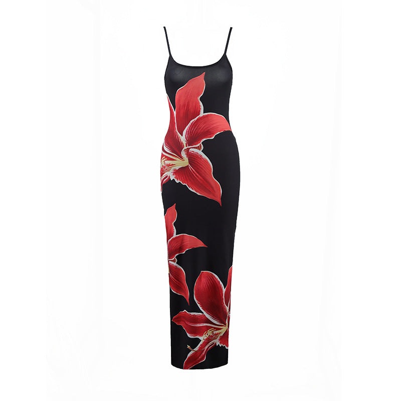 Ladies new sexy suspender flower print slim fit long dress