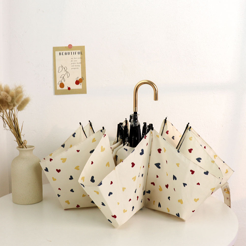 Round polka dot curved hook handle burgundy weather and rain parasol sun protection UV protection new folding sun umbrella vinyl