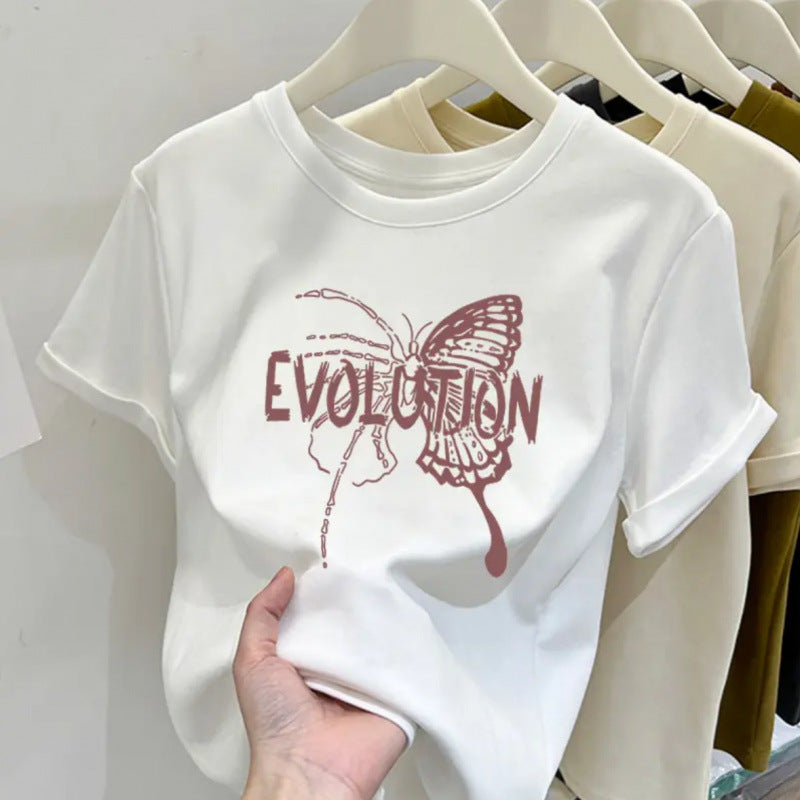 Retro butterfly pure cotton design sense round neck printed short sleeve T-shirt women's summer slim fit versatile foreign style top tide