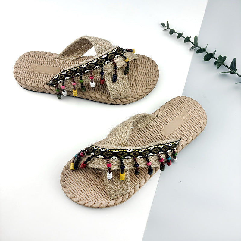 Xishuangbanna handmade slippers women's summer wear bohemian fashion fringed ethnic wind slope heels high heels beach shoes