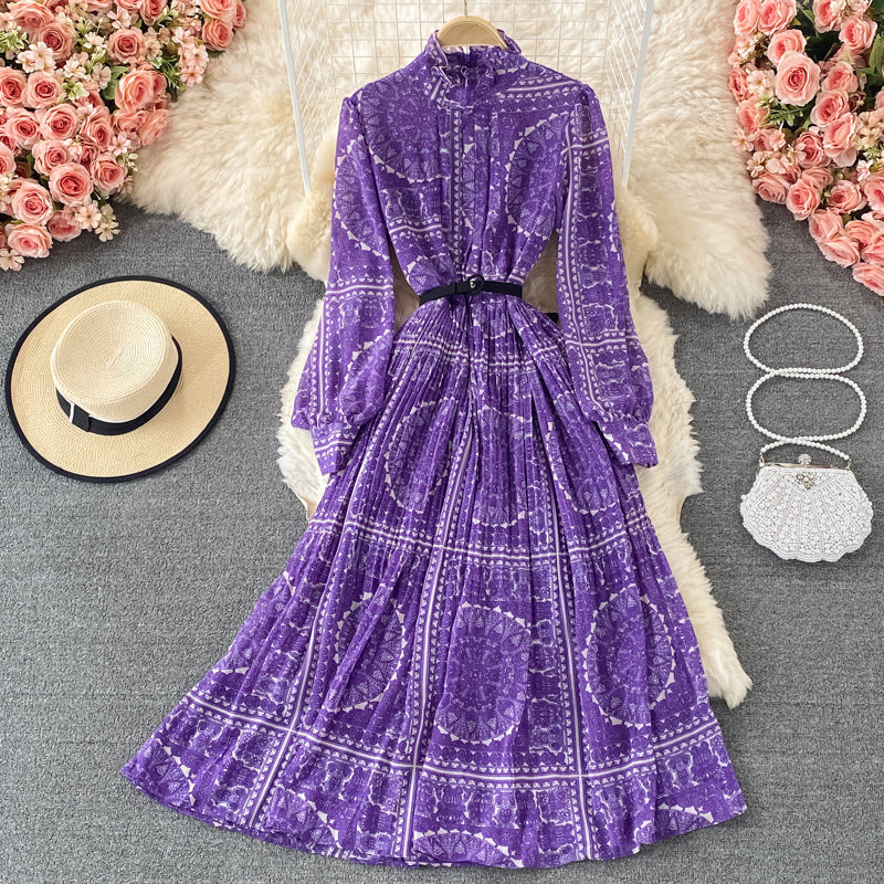 Seaside vacation stand-up collar pleated dress spring and autumn new foreign style lantern sleeves waist and thin printed big swing dress