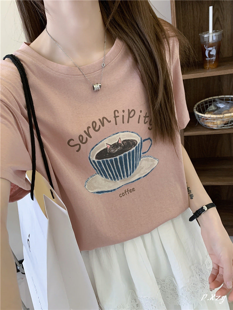 BK summer new Korean version casual women's short-sleeved crew neck T-shirt simple and cute cartoon thin cotton shirt women's versatile