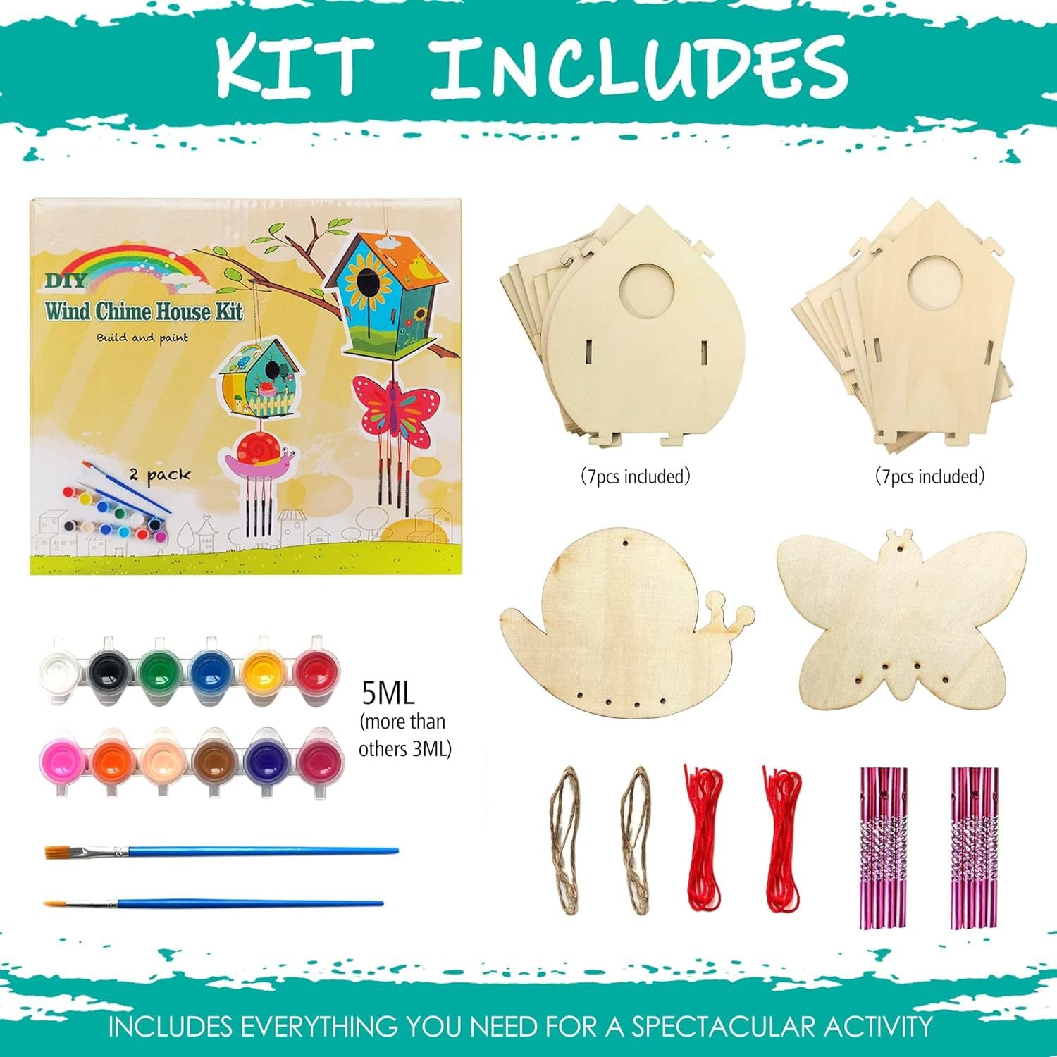 2-Piece DIY Birdhouse Wind Chimes Children's Crafts Handmade Kit Painting Kit Including Paint and Brushes