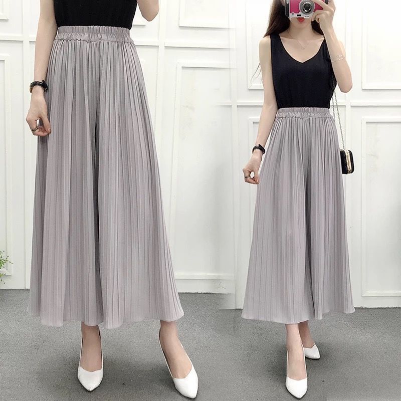 Chiffon wide-leg pants women's summer fashion high waist loose large size pleated skirt pants seven-point casual pants children's temperament versatile