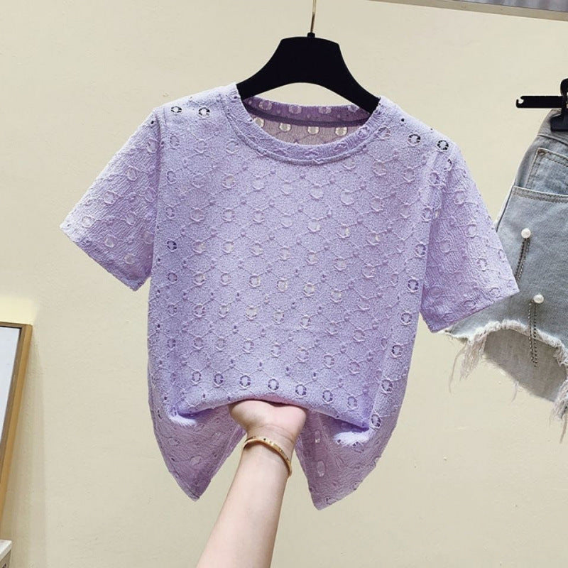 Summer 2025 New Lace Hollow Foreign Style Fashion Women's T-Shirt Short Sleeve Crew Neck