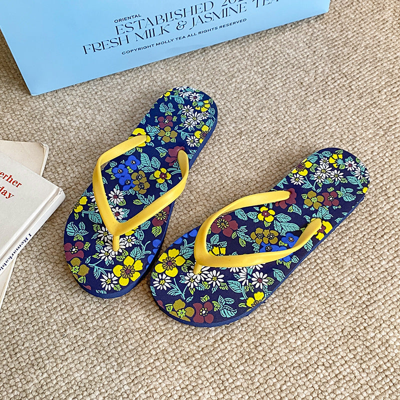 Art flower flip-flops women's flat cool slippers summer new fashion swimming pool beach shoes non-slip soft elastic