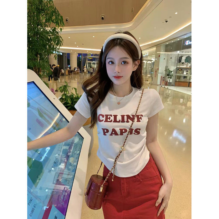 Ice silk threaded, foam letter short-sleeved T-shirt women's summer slim-fit short pleated top