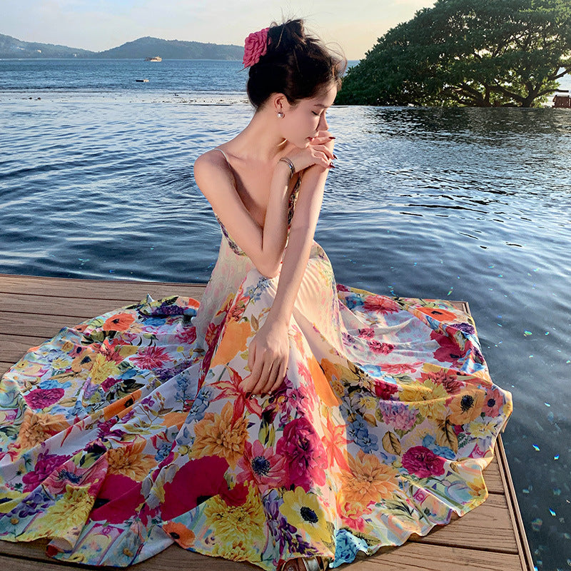 Women's summer beach long skirt colorful floral suspenders high waist holiday dress