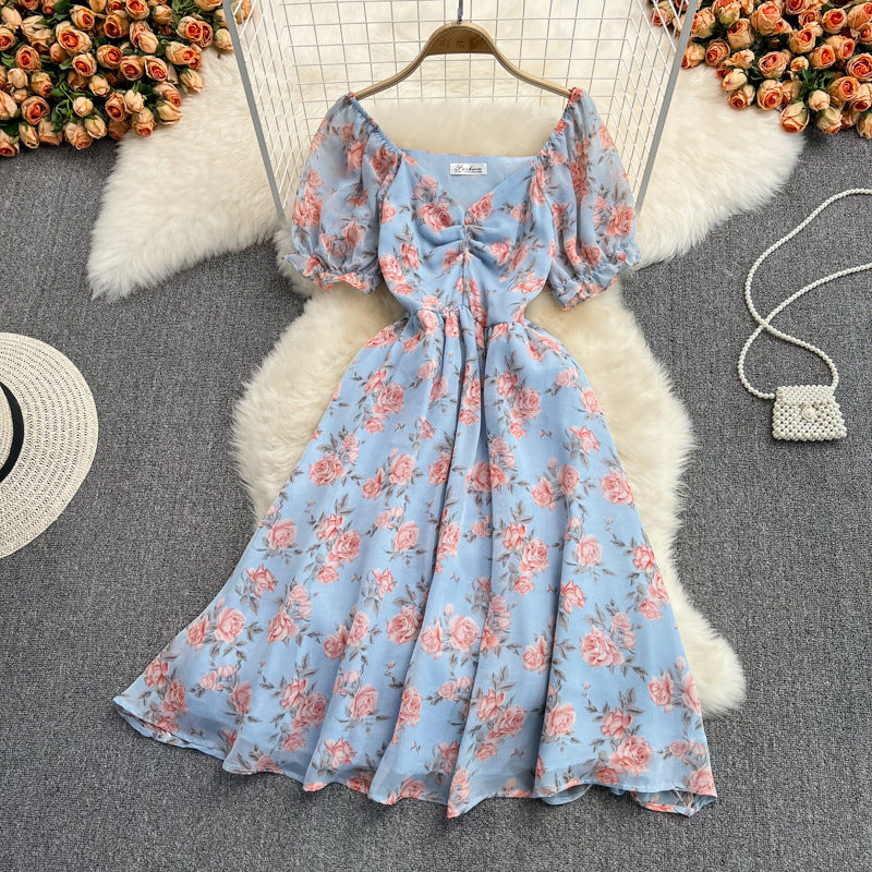 Summer new gentle wind long waist V-neck floral chiffon dress super fairy Mori first love lisianthus skirt