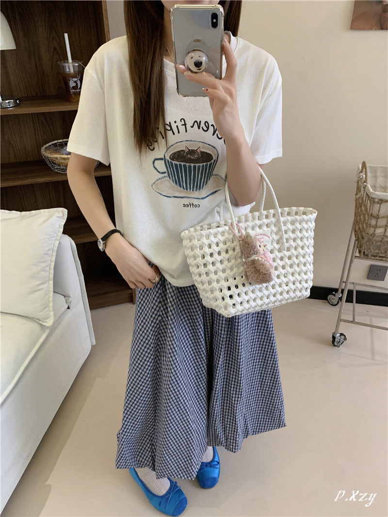 BK summer new Korean version casual women's short-sleeved crew neck T-shirt simple and cute cartoon thin cotton shirt women's versatile