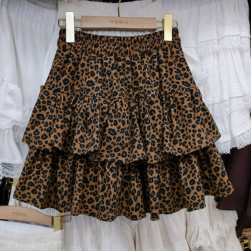 Leopard print short skirt elastic new 2025 spring and summer skirt small high waist pleated skirt short puffy cake