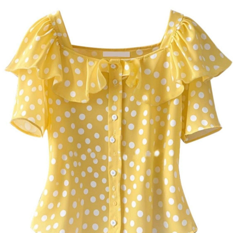 French unique top dopamine foreign yellow polka dot ruffle leaf edge short-sleeved shirt popular this year