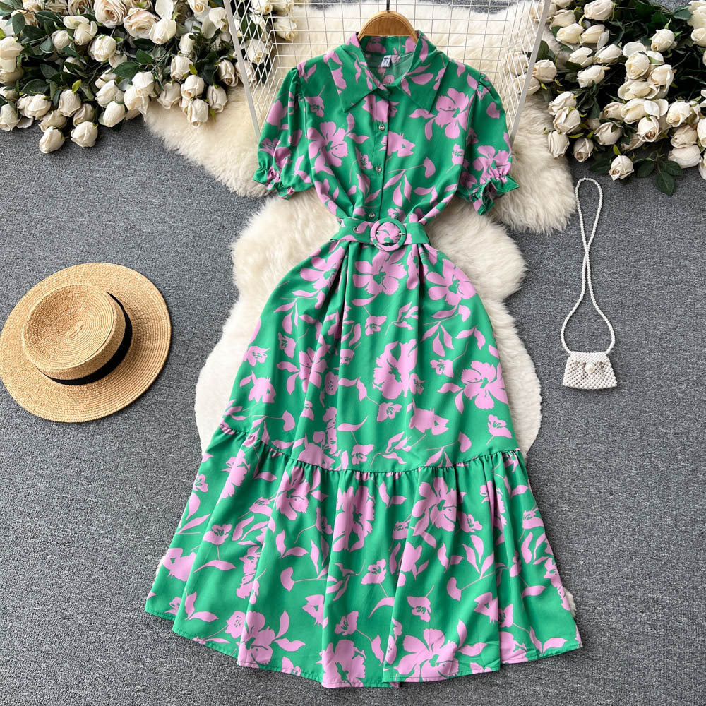 French high-end floral dress women's summer retro style lapel bubble sleeve temperament super fairy coffee break lisianthus skirt