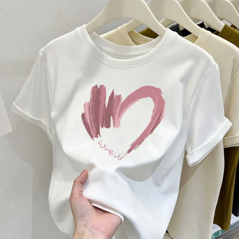 Cotton design round neck printed short-sleeved shirt for women summer slim fit all-match tops