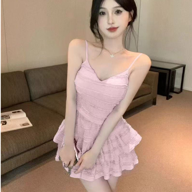 Spice girl two-piece suit skirt women's summer 2025 new short suspender lace top high waist cake skirt