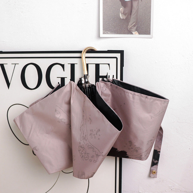 Round polka dot curved hook handle burgundy weather and rain parasol sun protection UV protection new folding sun umbrella vinyl