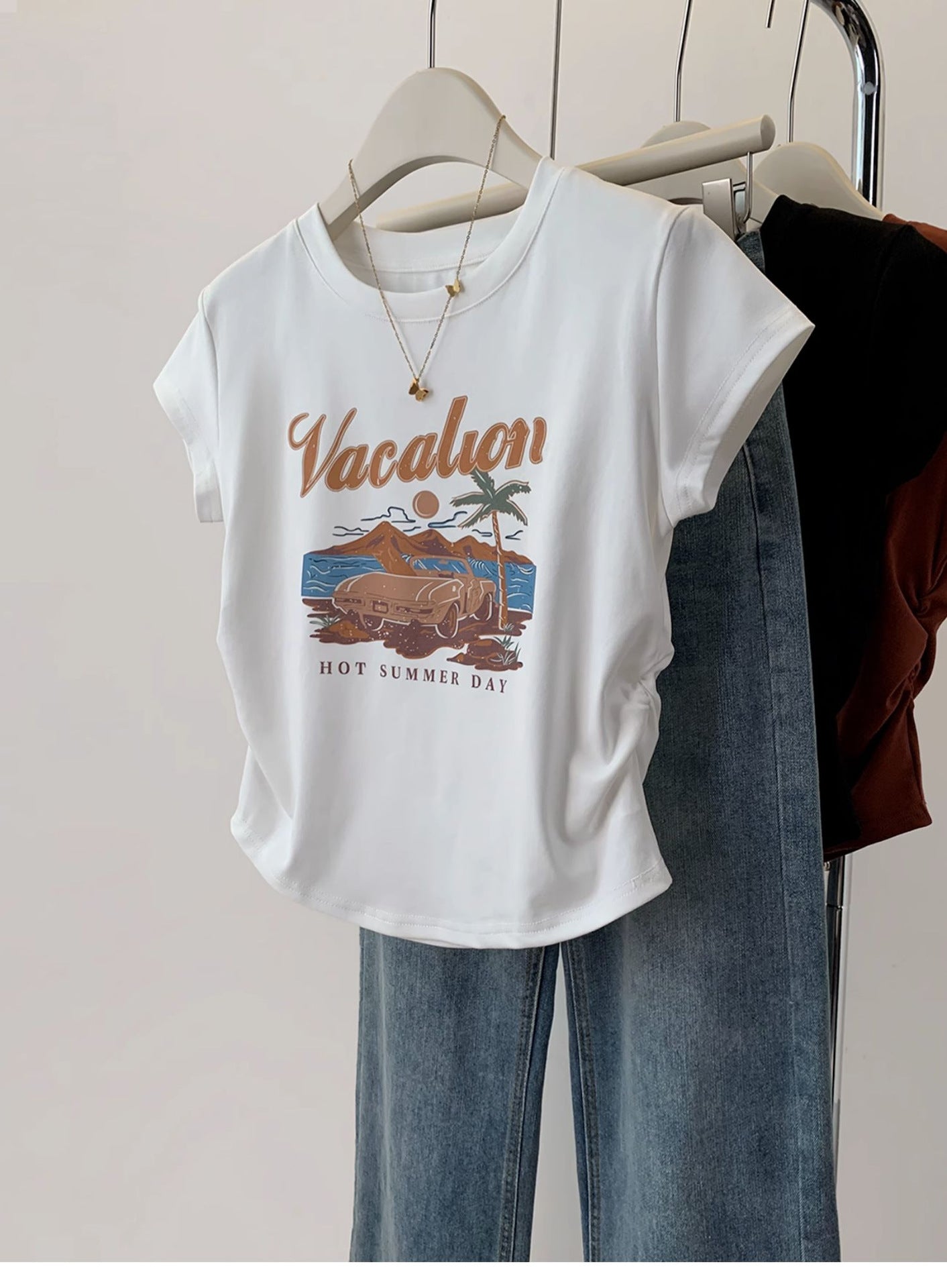 Pure cotton American retro print front shoulder short-sleeved t-shirt women's summer spice slim and thin pleated short top ins