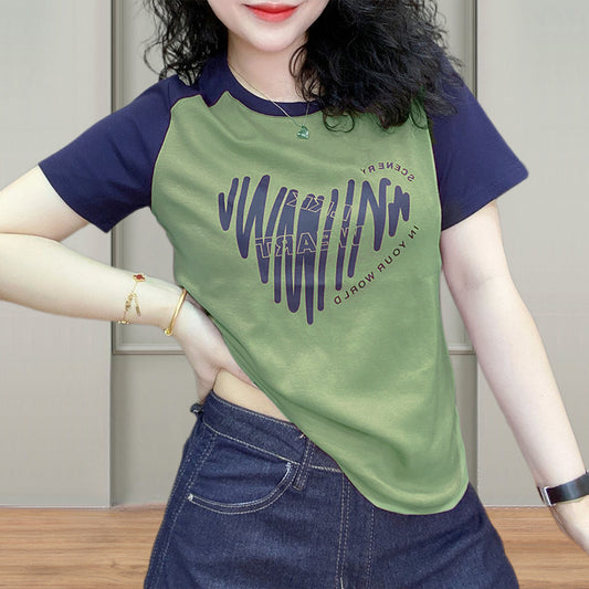 2025 new summer cotton round neck short-sleeved shoulder sleeve T-shirt women's print contrasting colors versatile and thin loose top