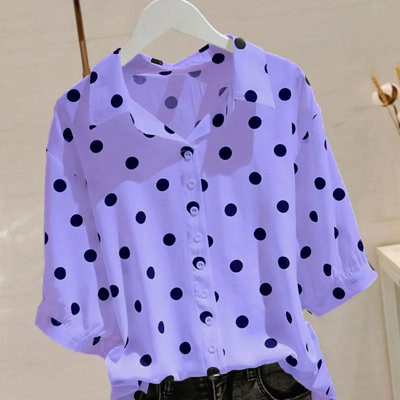 Polka dot shirt women's middle sleeve 20255 spring and summer new loose large size thin versatile French pullover thin shirt tide