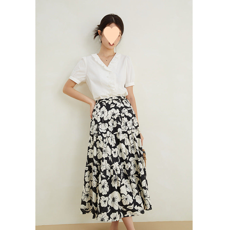 Small big pendulum skirt women's 2025 summer new retro printing meat coverings and thin medium and long skirts