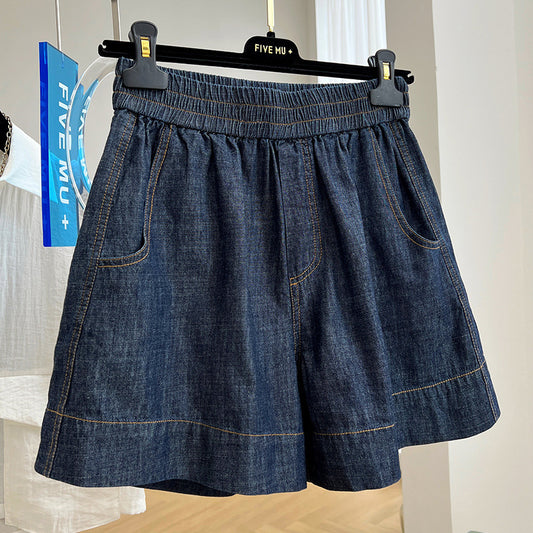 European high-end elastic waist casual denim shorts women's summer thin loose high waist A word
